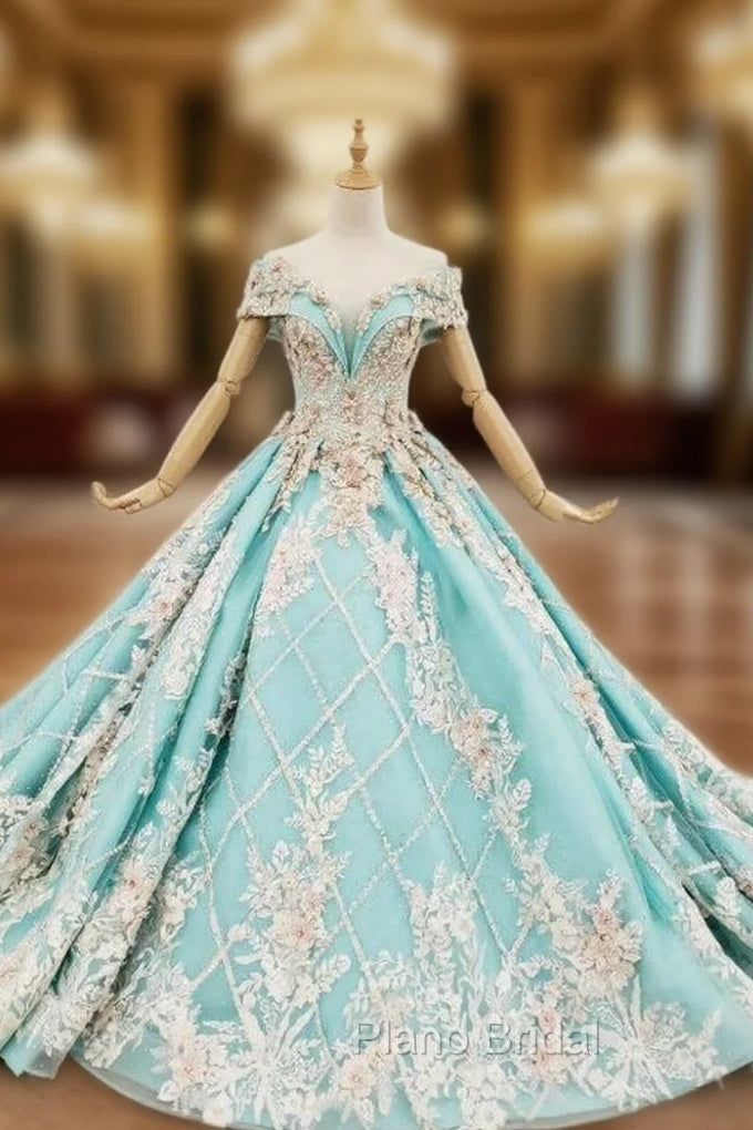 Blue Ball Gown Off the Shoulder Appliques Beading Formal Prom Dresses Main image
