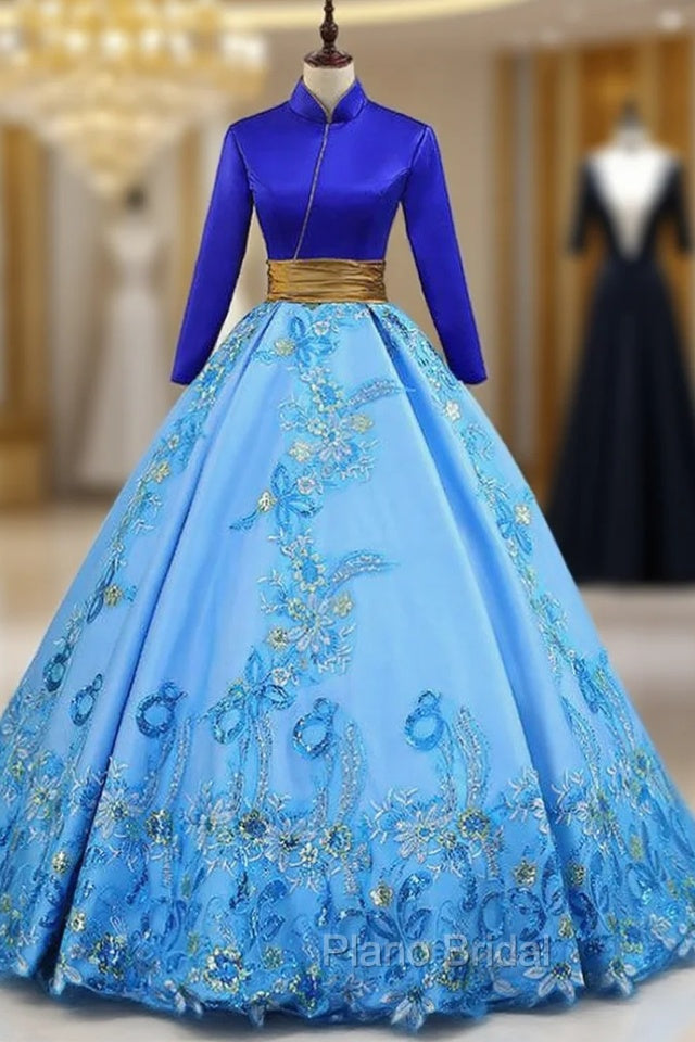 Blue Ball Gown Satin High Neck Backless Long Sleeve Appliques Quinceanera Dresses Main image
