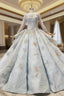 Blue Ball Gown Sequins Long Sleeve Appliques Luxury Wedding Dresses With Pearls