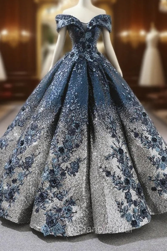 Blue Ball Gown Sequins Off The Shoulder Appliques Floor Length Wedding Dresses