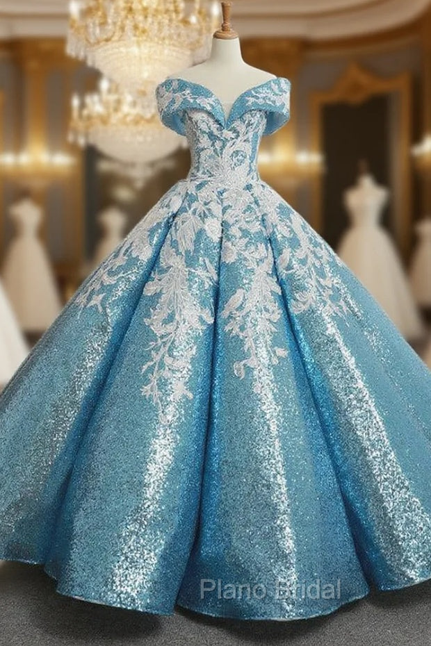 Blue Ball Gown Sequins Off The Shoulder Appliques Wedding Dresses