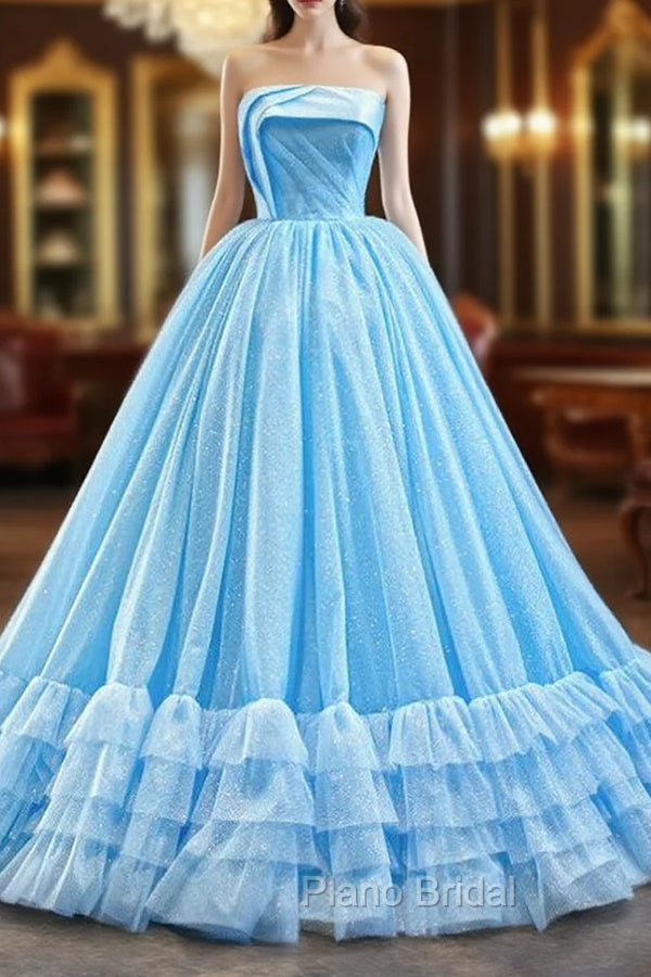 Blue Ball Gown Sequins Strapless Pleats Sleeveless Formal Prom Dresses