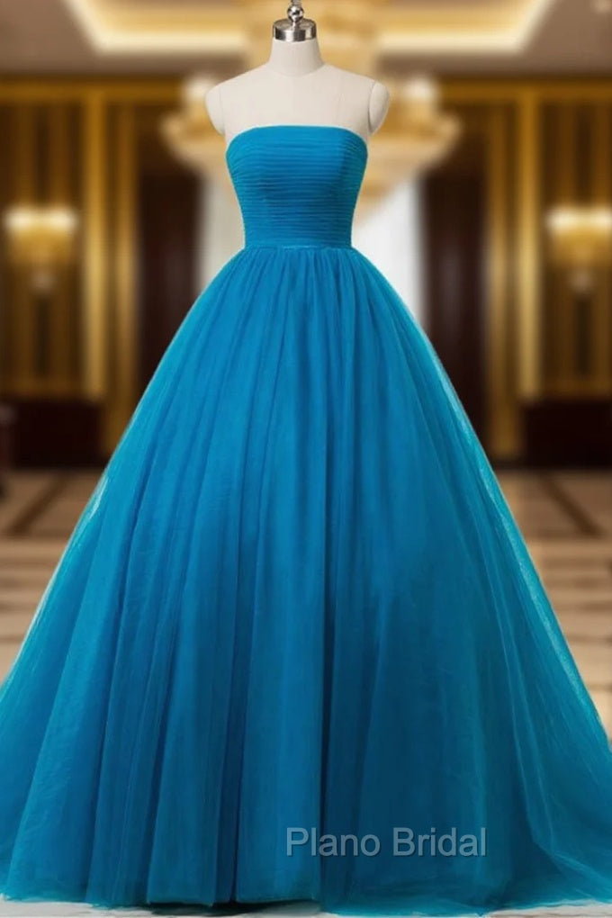 Blue Ball Gown Strapless Tulle Backless Wedding Dresses Main image