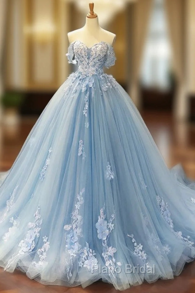 Blue Ball Gown Tulle Appliques Off The Shoulder Backless Sweet 16 Formal Prom Dresses Main image