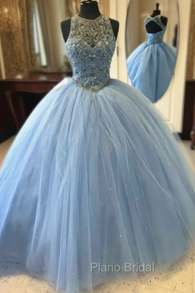 Blue Ball Gown Tulle Beaded Halter Backless Sweet 16 Formal Prom Dresses Main image
