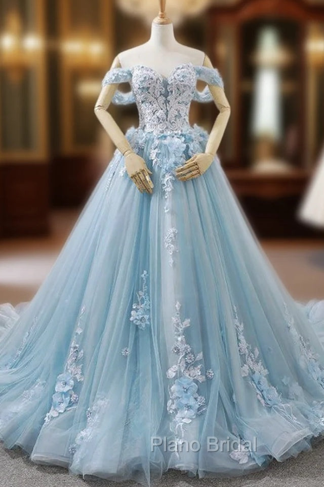 Blue Ball Gown Tulle Off The Shoulder Appliques Wedding Dresses
