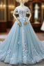 Blue Ball Gown Tulle Off The Shoulder Appliques Wedding Dresses