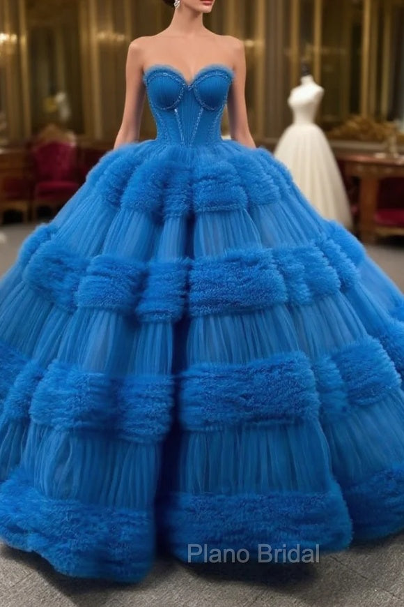 Blue Ball Gown Tulle Pink Tulle Pleats Beading Formal Prom Dresses Main image
