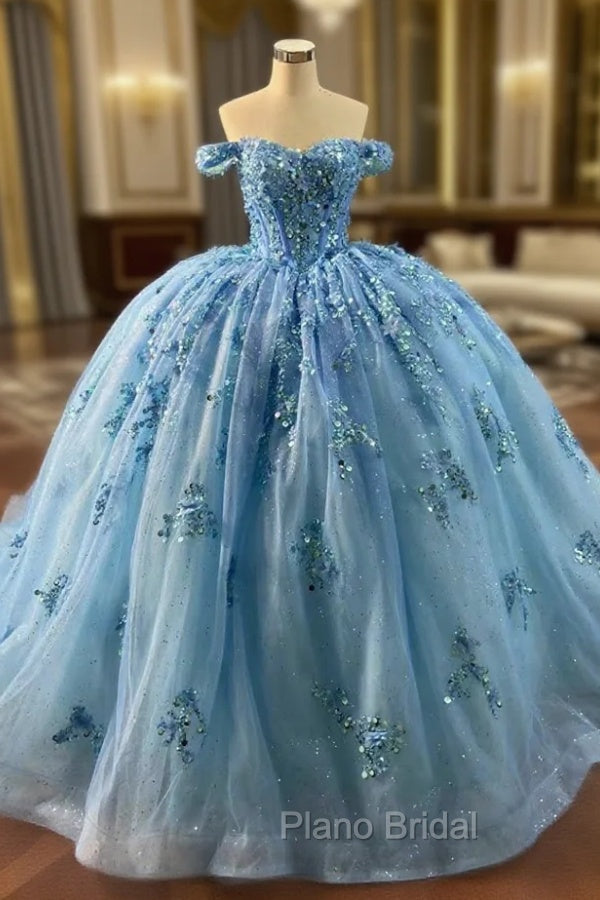 Blue Ball Gown Tulle Sequins Flower Formal Prom Dresses
