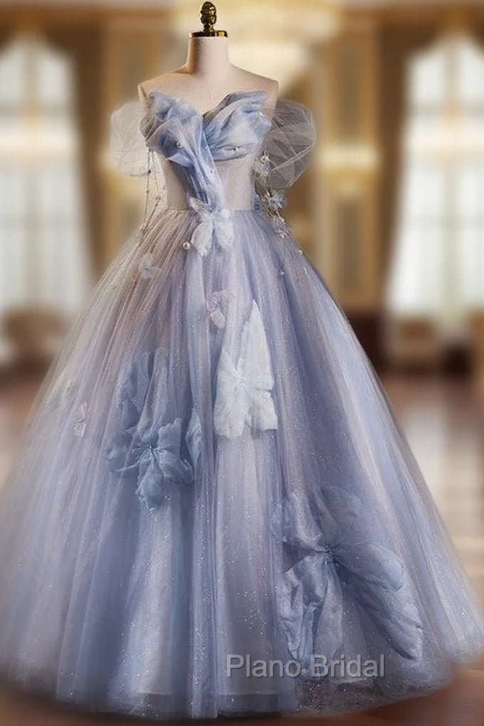 Blue Ball Gown Tulle Sequins Off the Shoulder Beading Formal Prom Dresses