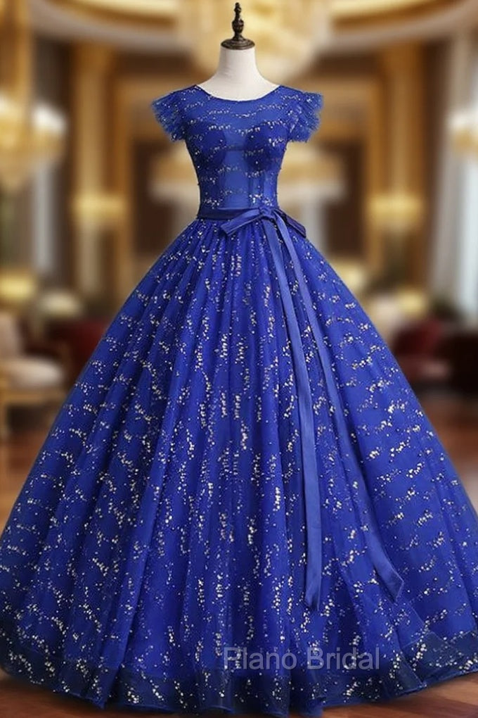 Blue Ball Gown Tulle Sequins Open Back Quinceanera Dresses With Sash Main image