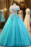 Blue Ball Gown Tulle Short Sleeve Appliques Quinceanera Dresses
