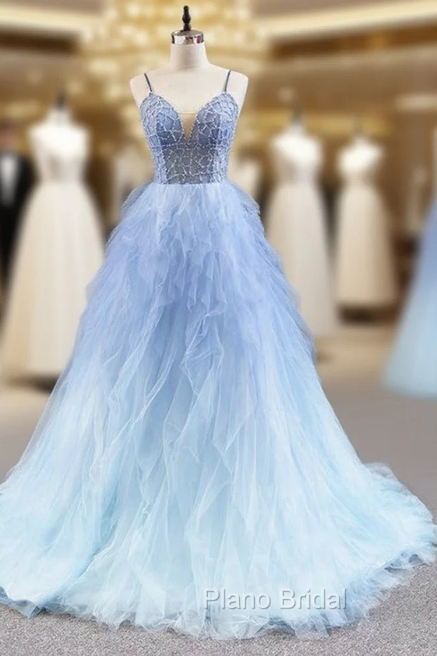 Blue Ball Gown Tulle Spaghetti Straps Beading Formal Prom Dresses