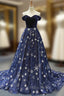 Blue Ball Gown Tulle Star Sequins Off the Shoulder Formal Prom Dresses