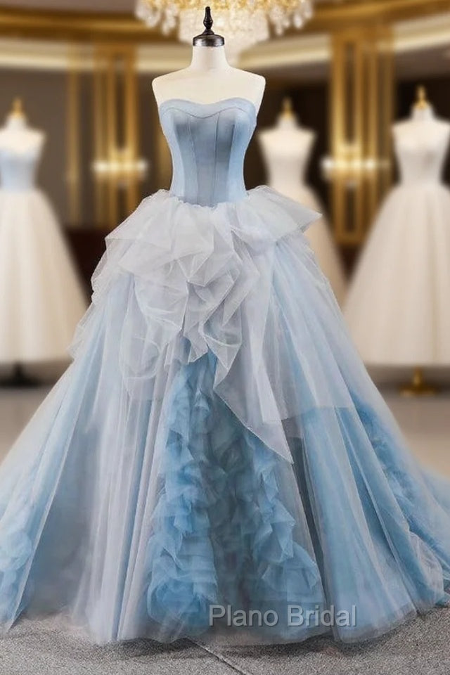 Blue Ball Gown Tulle Sweetheart Sleevelss Princess Formal Prom Dresses With Train Main image