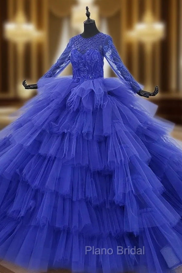 Blue Ball Gown Tulle Tiers Long Sleeve Beading Wedding Dresses Main image