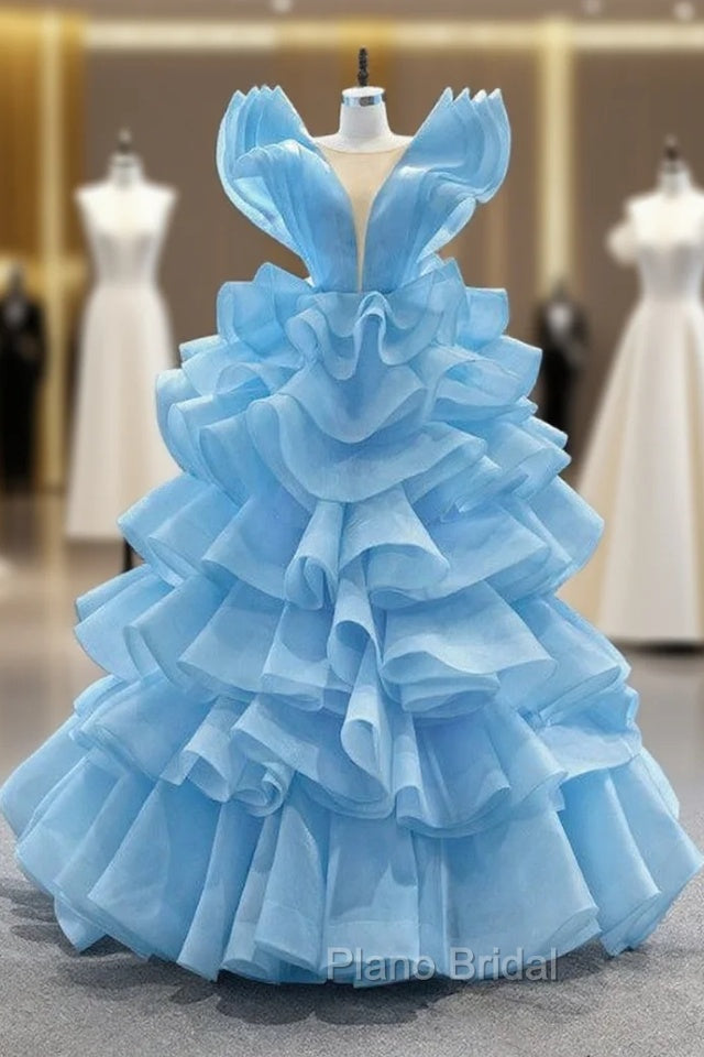 Blue Ball Gown Tulle Tiers See Through V-neck Formal Prom Dresses Main image
