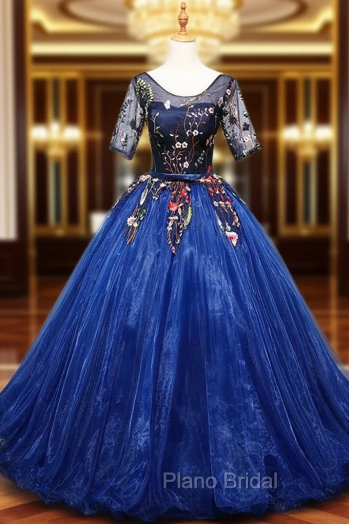 Blue Ball Gown Tulle with Lace Short Sleeves Party Dresses, Blue Sweet 16 Dresses