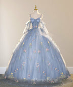 Blue Ball Gown with Scattered Little Flower Formal Prom Dresses