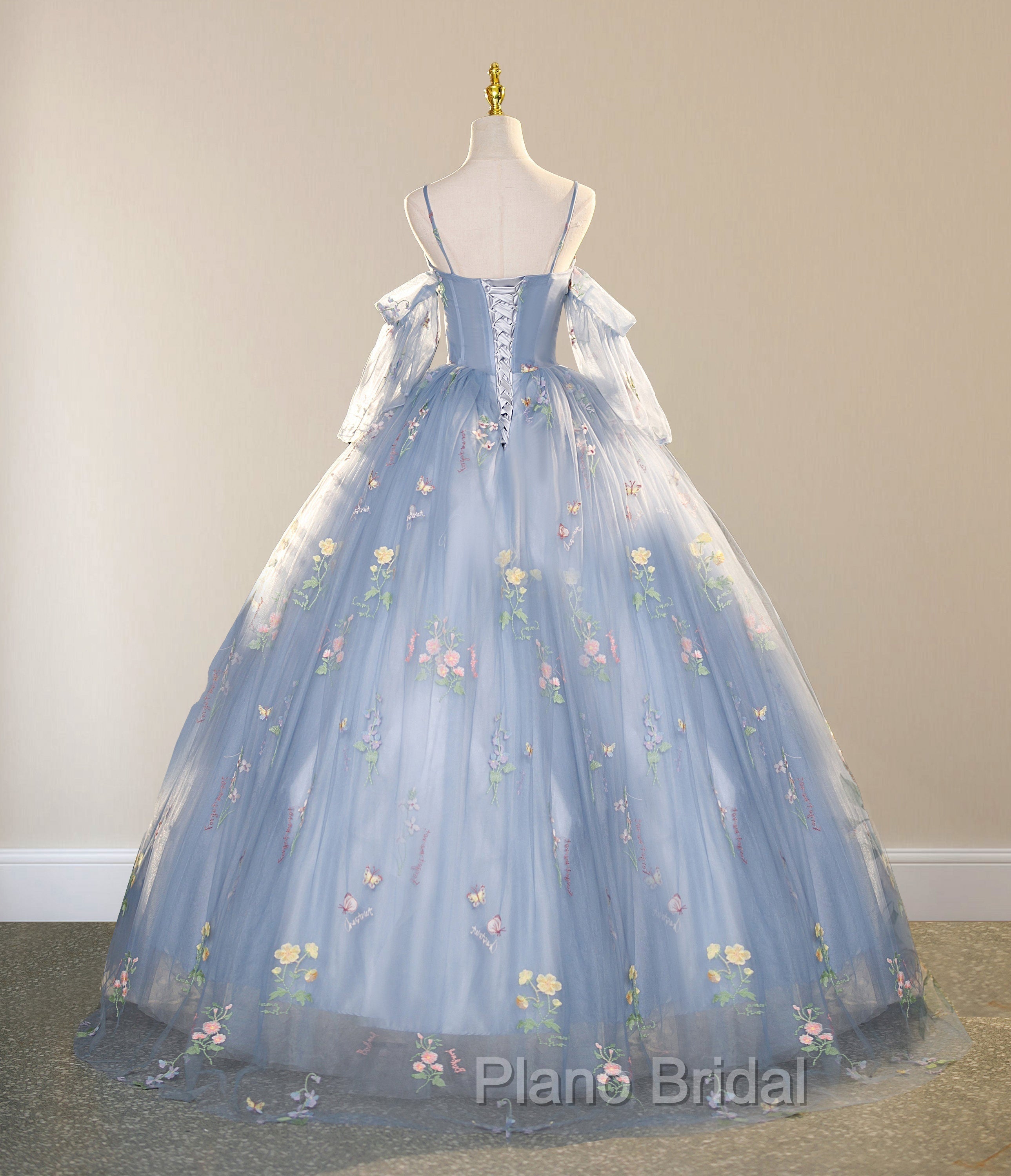 Blue Ball Gown with Scattered Little Flower Formal Prom Dresses