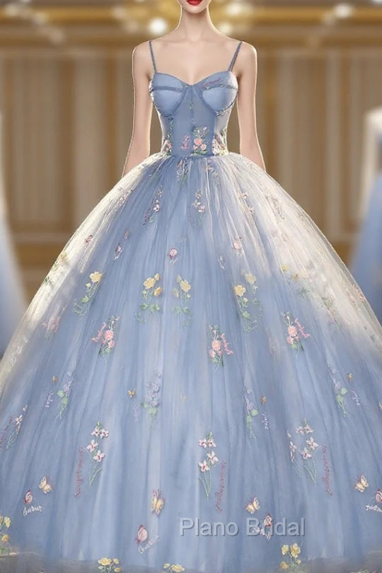 Blue Ball Gown with Scattered Little Flower Formal Prom Dresses Main image