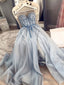 Blue Beaded Long Prom Dresses, Sweetheart Neck Blue Long Formal Evening Dresses with Beadings