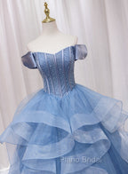 Blue Beaded Off Shoulder Tulle Long Formal Dresses, Blue Evening Dresses Formal Prom Dresses