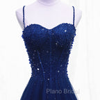 Blue Beaded Straps A-line Tulle New Formal Prom Dresses Party Dresses, Blue Floor Length Party Dresses