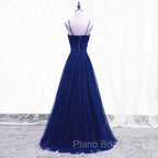 Blue Beaded Straps A-line Tulle New Formal Prom Dresses Party Dresses, Blue Floor Length Party Dresses