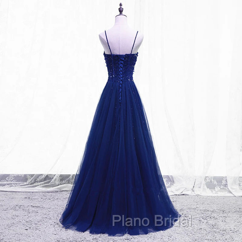 Blue Beaded Straps A-line Tulle New Formal Prom Dresses Party Dresses, Blue Floor Length Party Dresses