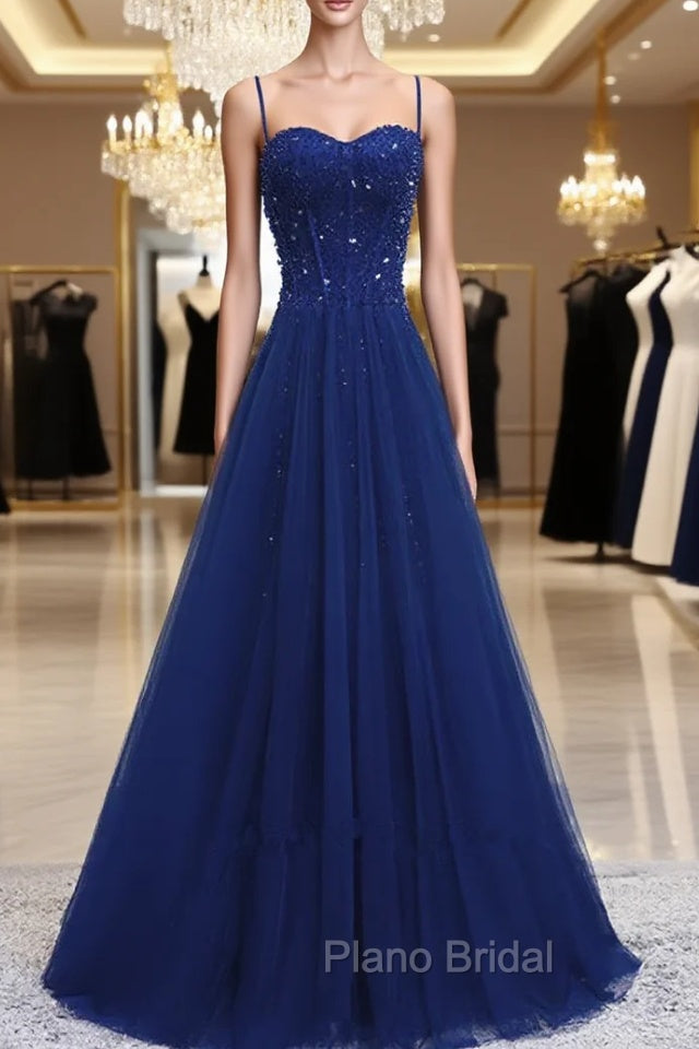 Blue Beaded Straps A-line Tulle New Formal Prom Dresses Party Dresses, Blue Floor Length Party Dresses