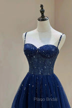 Blue Beaded Sweetheart Tulle A-line Formal Prom Dresses, Blue Long Party Dresses