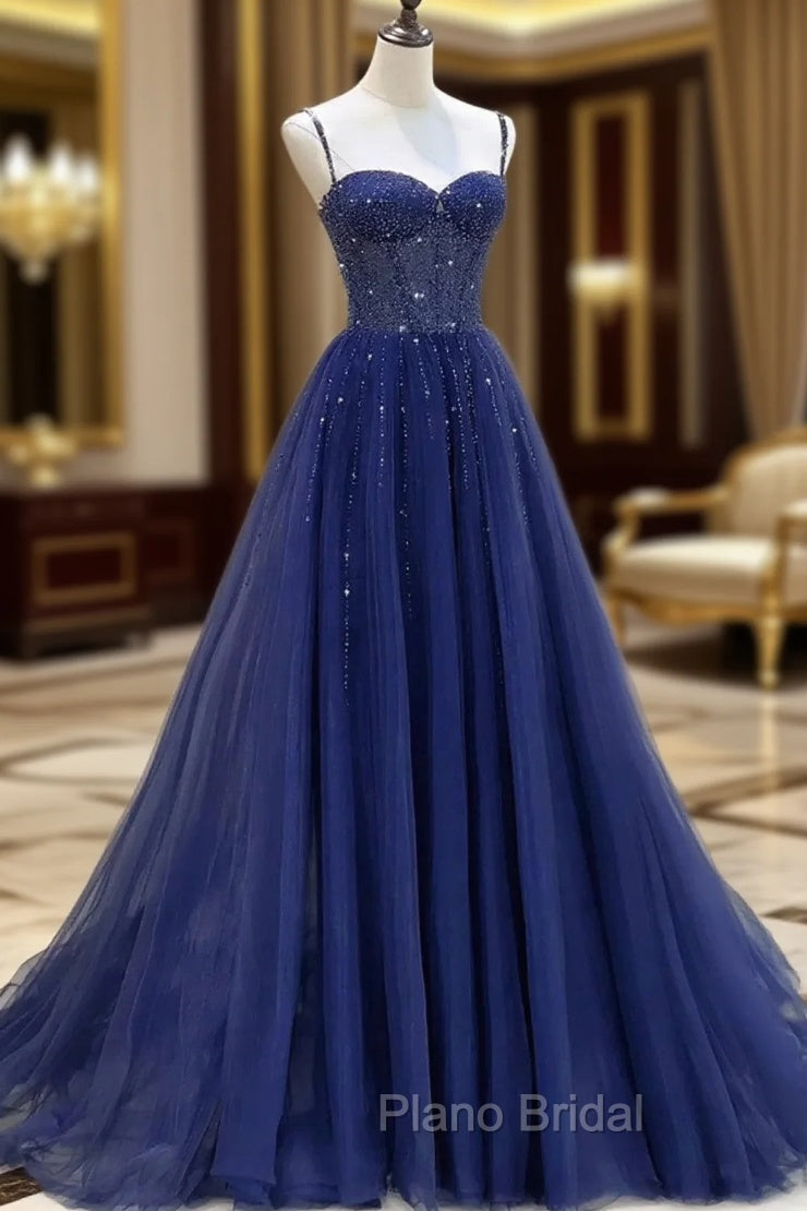 Blue Beaded Sweetheart Tulle A-line Formal Prom Dresses, Blue Long Party Dresses Main image