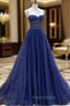 Blue Beaded Sweetheart Tulle A-line Formal Prom Dresses, Blue Long Party Dresses