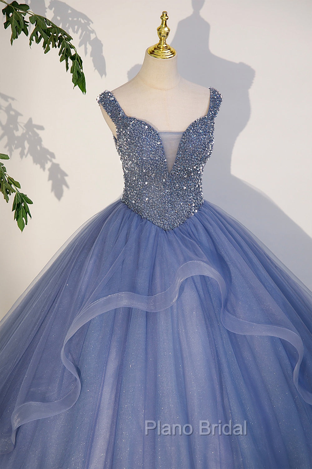Blue Beaded Tulle Long A-Line Formal Prom Dresses, Blue Formal Dresses Secondary image