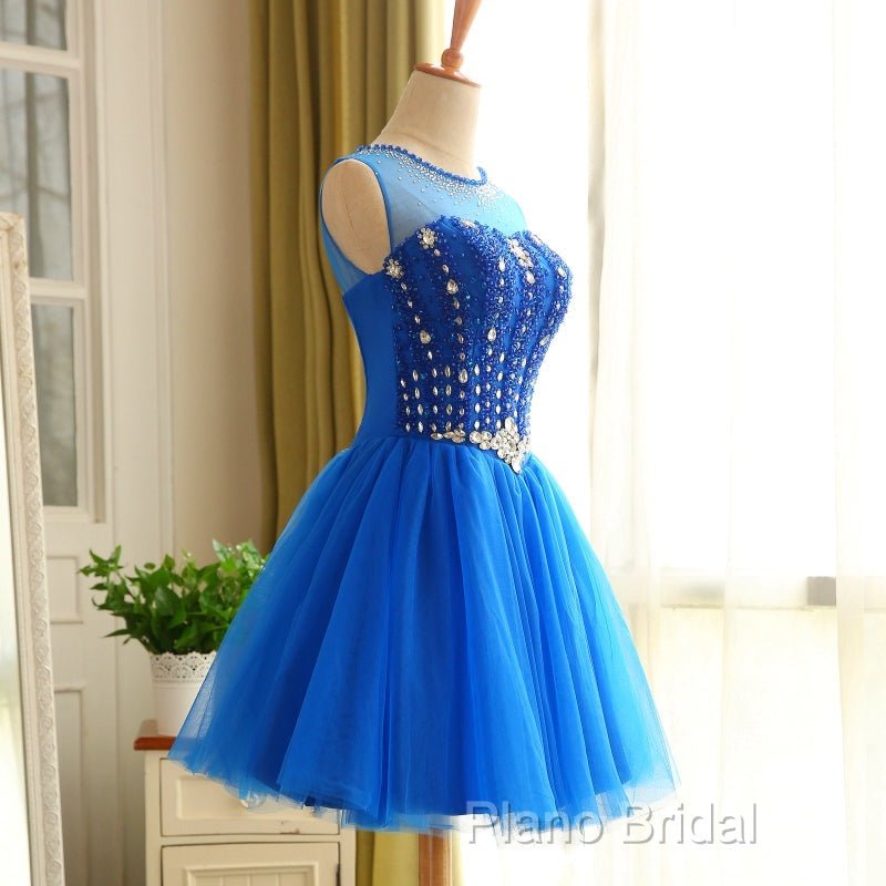 Blue Beaded Tulle Short Cute Homecoming Dresses, Blue Short Party Dresses Formal Prom Dresses
