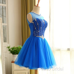 Blue Beaded Tulle Short Cute Homecoming Dresses, Blue Short Party Dresses Formal Prom Dresses