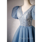 Blue Beaded Tulle Short Sleeves Formal Dresses, Blue Homecoming Dresses Formal Prom Dresses