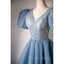 Blue Beaded Tulle Short Sleeves Formal Dresses, Blue Homecoming Dresses Formal Prom Dresses