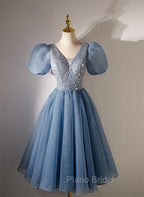 Blue Beaded Tulle Short Sleeves Formal Dresses, Blue Homecoming Dresses Formal Prom Dresses