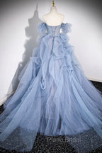 Blue Cascading Ruffles Long Formal Prom Dresses, A-Line Strapless Short Sleeve Sweep Train Evening Dresses