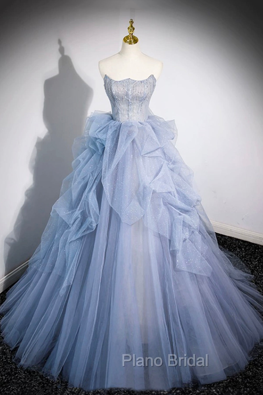 Blue Cascading Ruffles Long Formal Prom Dresses, A-Line Strapless Short Sleeve Sweep Train Evening Dresses