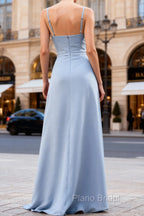 Blue Chiffon A Line Long Bridesmaid Dresses with Ruffles