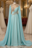Blue Chiffon Beading High Neck Formal Prom Dresses