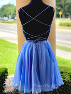 Blue Chiffon Beads Backless Short Formal Prom Dresses, Blue Homecoming Dresses