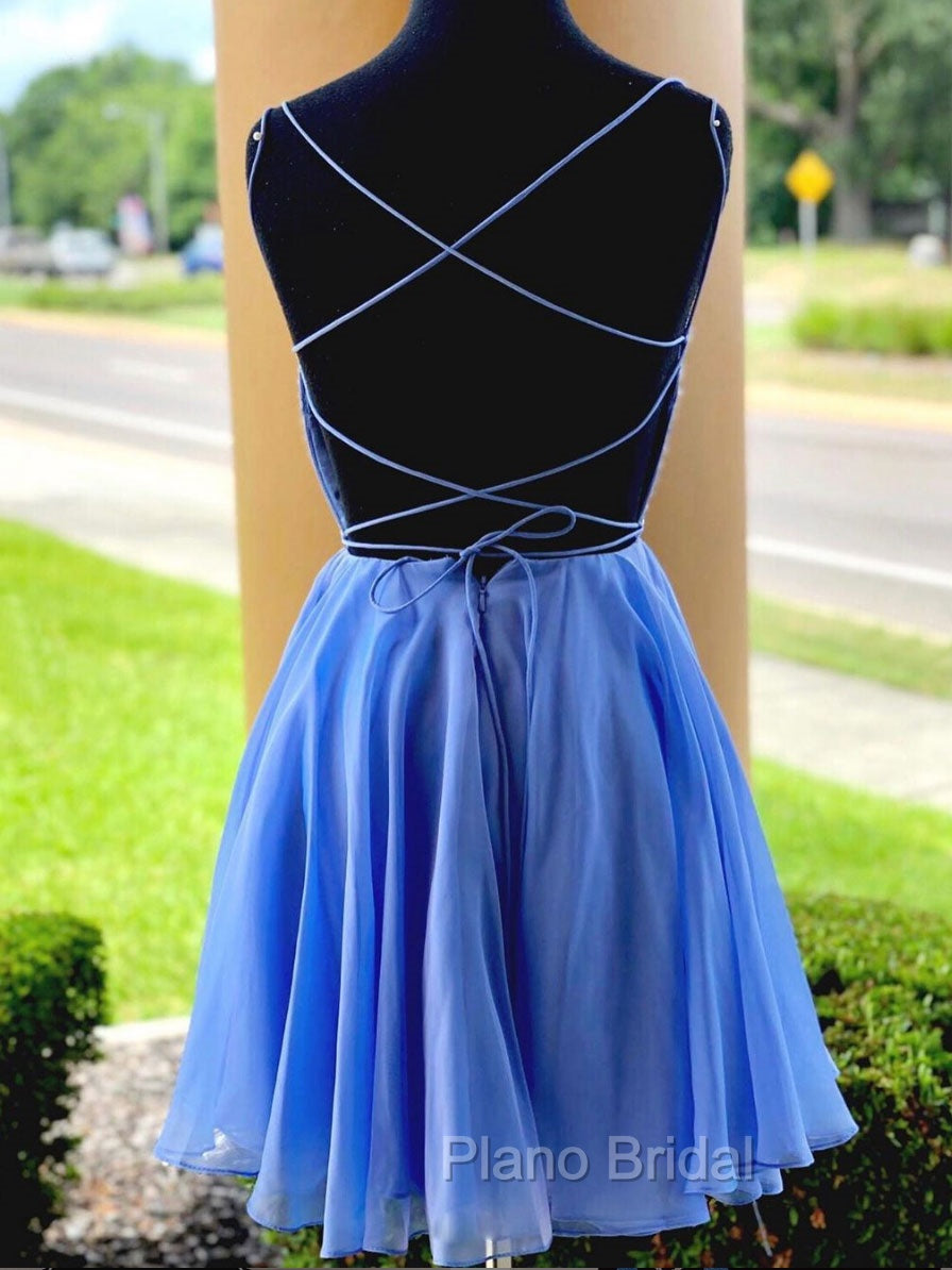 Blue Chiffon Beads Backless Short Formal Prom Dresses, Blue Homecoming Dresses