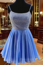 Blue Chiffon Beads Backless Short Formal Prom Dresses, Blue Homecoming Dresses
