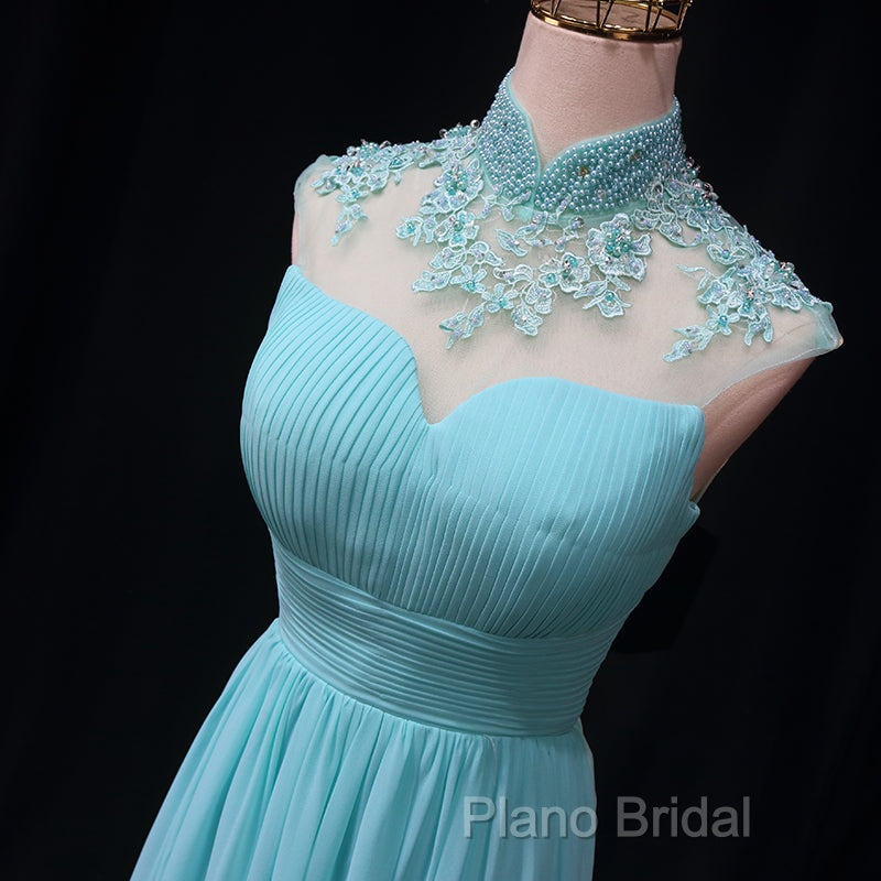 Blue Chiffon Lace And Beaded Cap Sleeves Formal Prom Party Dresses, A-Line Chiffon Formal Dresses Secondary image
