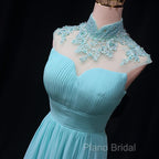 Blue Chiffon Lace And Beaded Cap Sleeves Formal Prom Party Dresses, A-Line Chiffon Formal Dresses