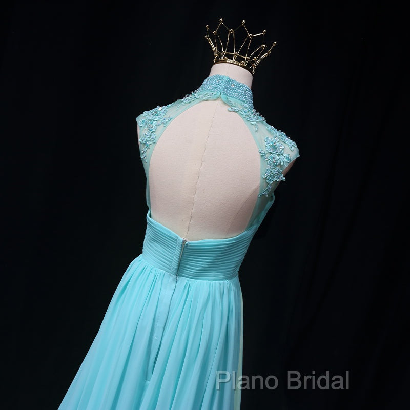 Blue Chiffon Lace And Beaded Cap Sleeves Formal Prom Party Dresses, A-Line Chiffon Formal Dresses